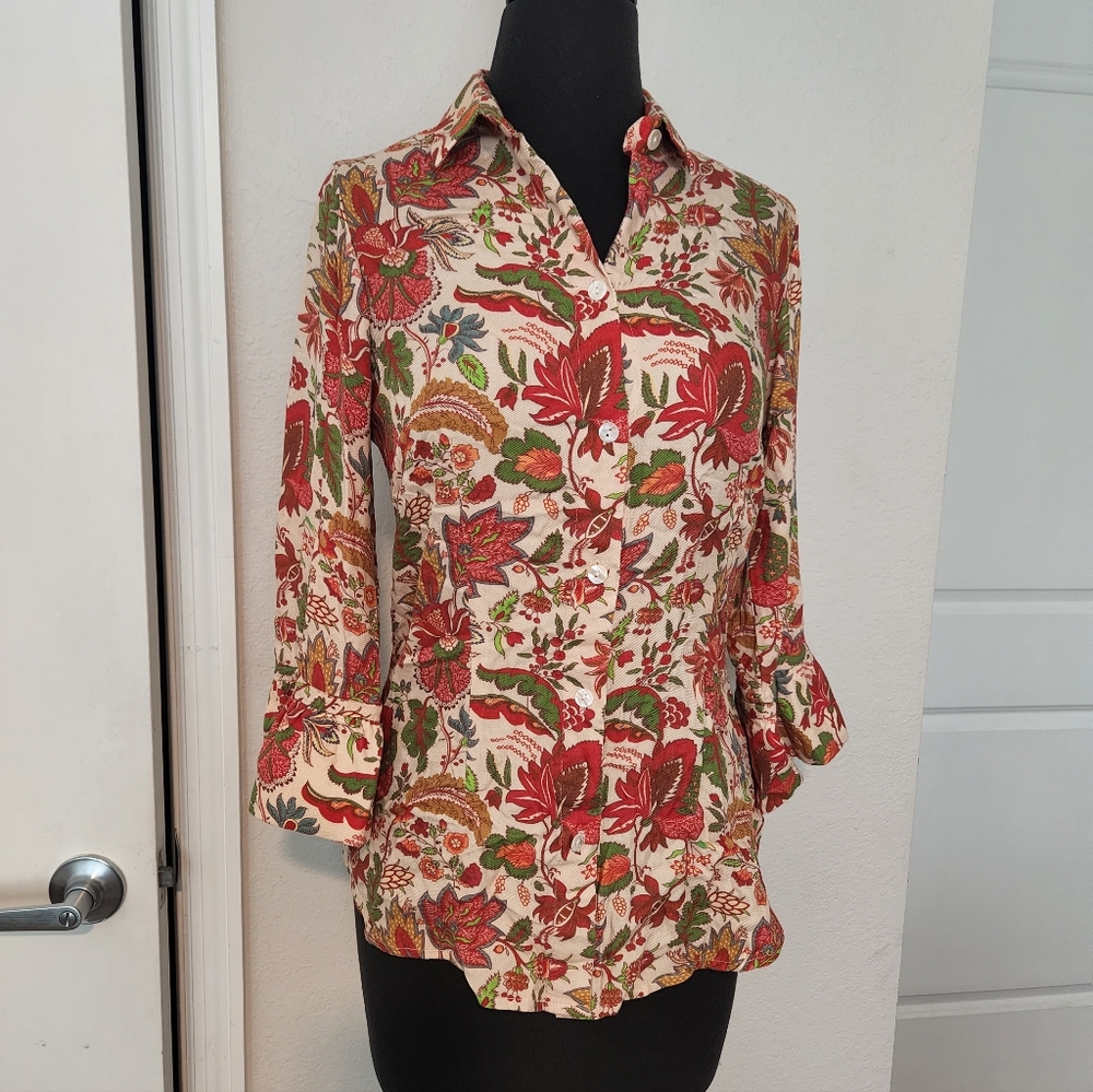Gretchen Scott Designs Floral Button-Down Shirt in Cream, Red, Green